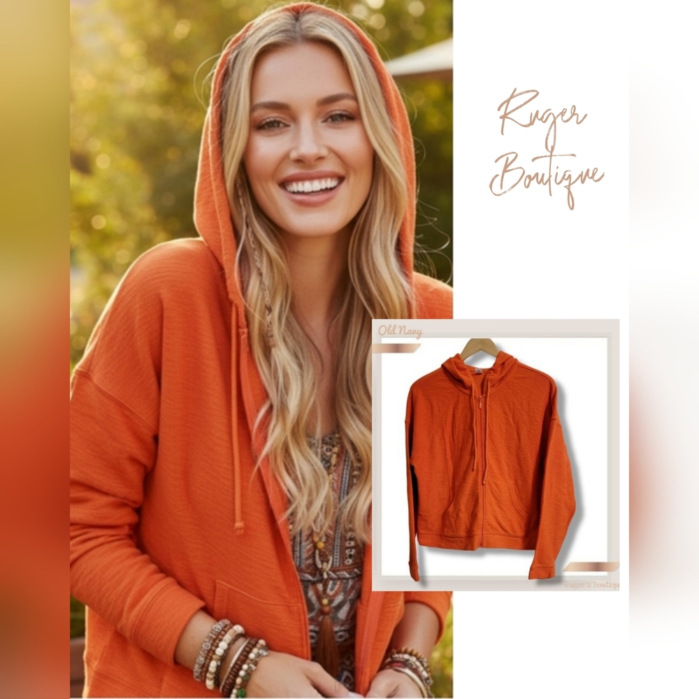 🌿 Large Orange Textured Old Navy Zip-Up Jacket